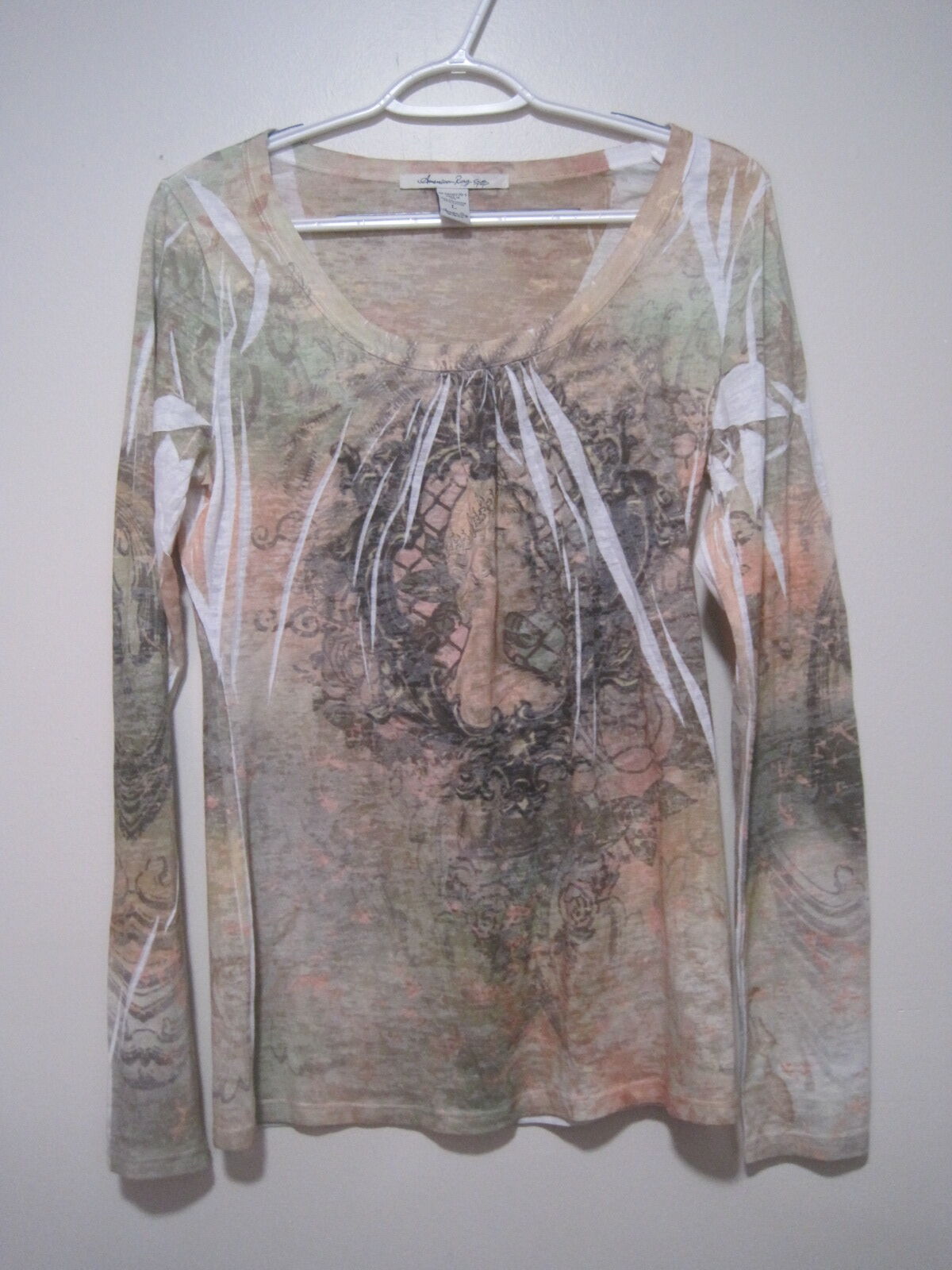 American Rag Cie Women's Large Top Green Tan Graphic Pullover Long Sleeve Shirt