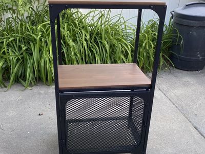 Industrial Style Black Metal & Wood Accent Cabinet Side Table Storage Unit