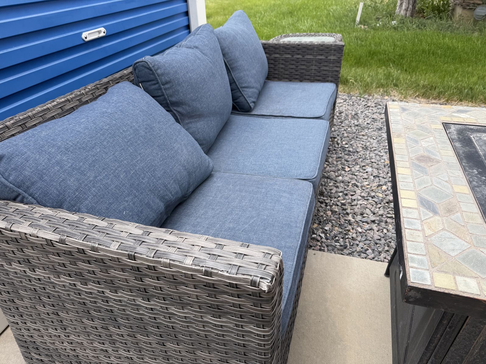 Outdoor Wicker Patio Sofa & Tile Top Fire Pit Set - Blue Cushions