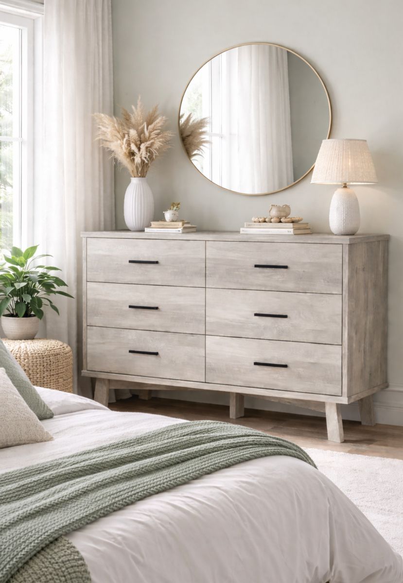 NEW 6-Drawer Dresser Mid-century Gray Wood veneer