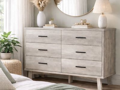 NEW 6-Drawer Dresser Mid-century Gray Wood veneer
