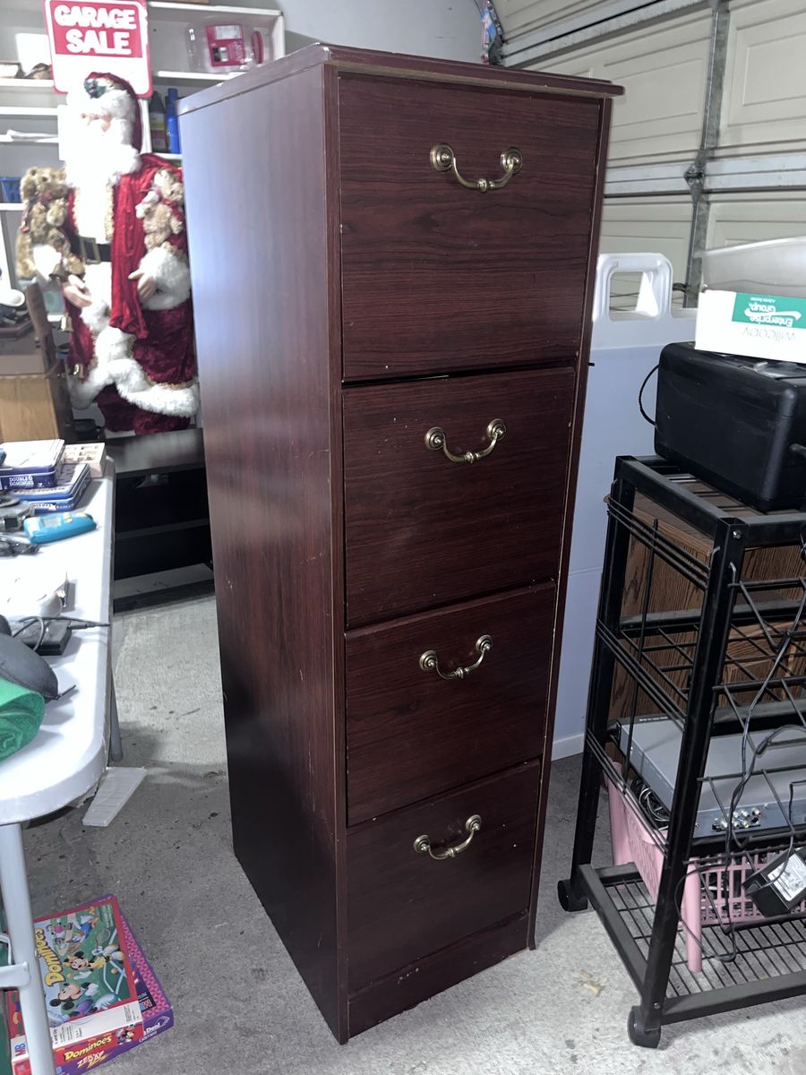 Dark Wood 4-Drawer Filing Cabinet with Brass Handles - Storage & Organization Solution