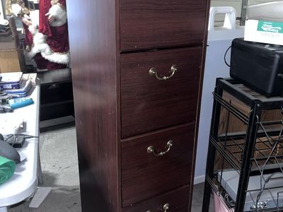 Dark Wood 4-Drawer Filing Cabinet with Brass Handles - Storage & Organization Solution
