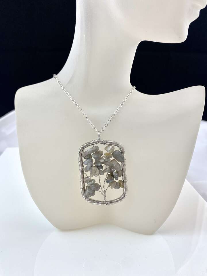 NEW - 2 Inch Natural Labradorite Silver Rectangular Tree of Life Wire Wrap Pendant - Silver Plated Chain C PIX