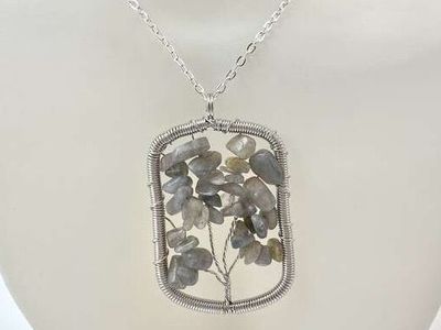 NEW - 2 Inch Natural Labradorite Silver Rectangular Tree of Life Wire Wrap Pendant - Silver Plated Chain C PIX