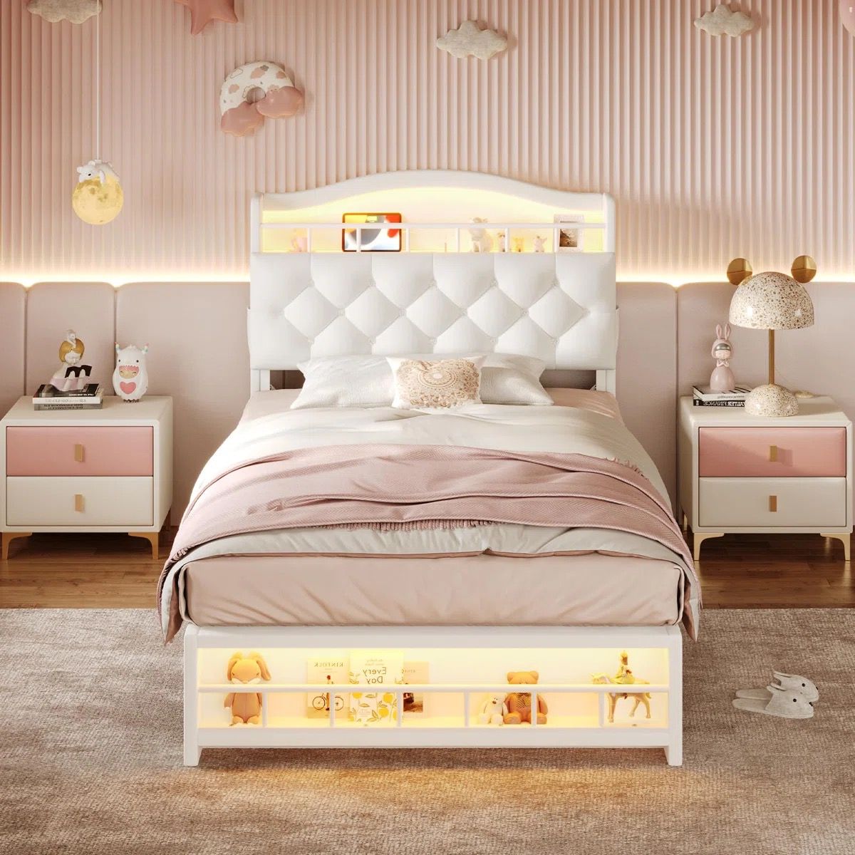 New White Princess Twin Bed Frame LED Lights Charging Station