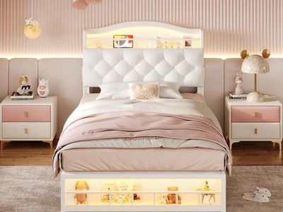 New White Princess Twin Bed Frame LED Lights Charging Station