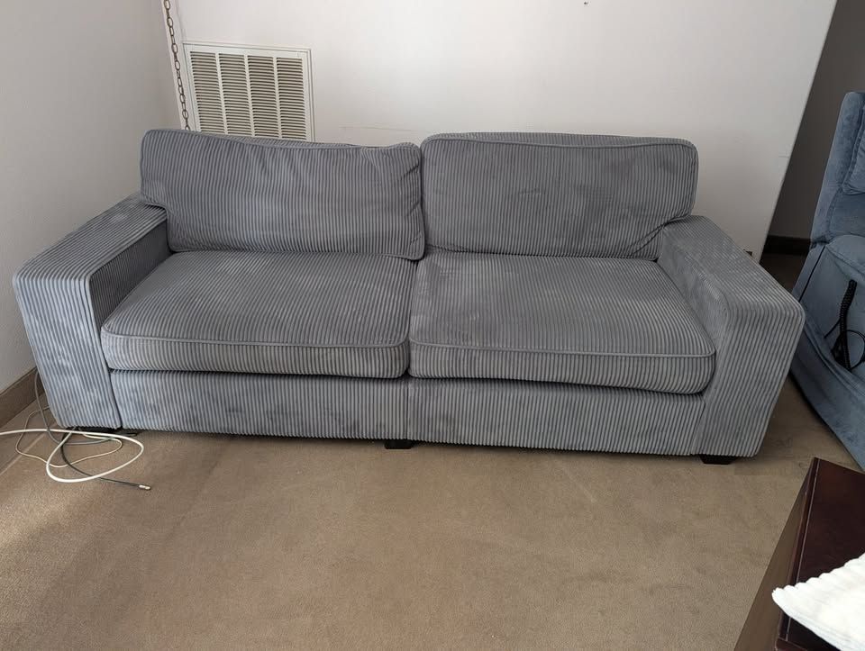 Gray Corduroy Sofa / Loveseat with Built-In USB Charging – Like New