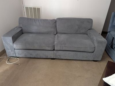 Gray Corduroy Sofa / Loveseat with Built-In USB Charging – Like New