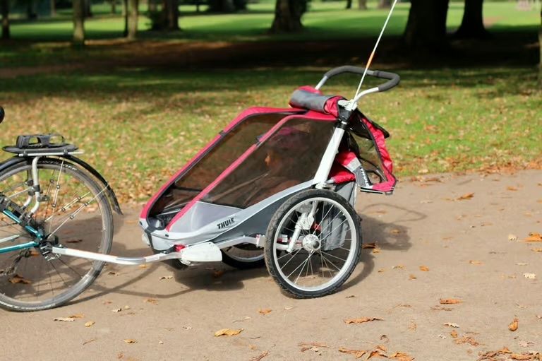 THULE CHARIOT TWO-CHILD BICYCLE TRAILER & STROLLER - RED/GREY, GOOD CONDITION