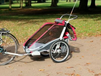 THULE CHARIOT TWO-CHILD BICYCLE TRAILER & STROLLER - RED/GREY, GOOD CONDITION
