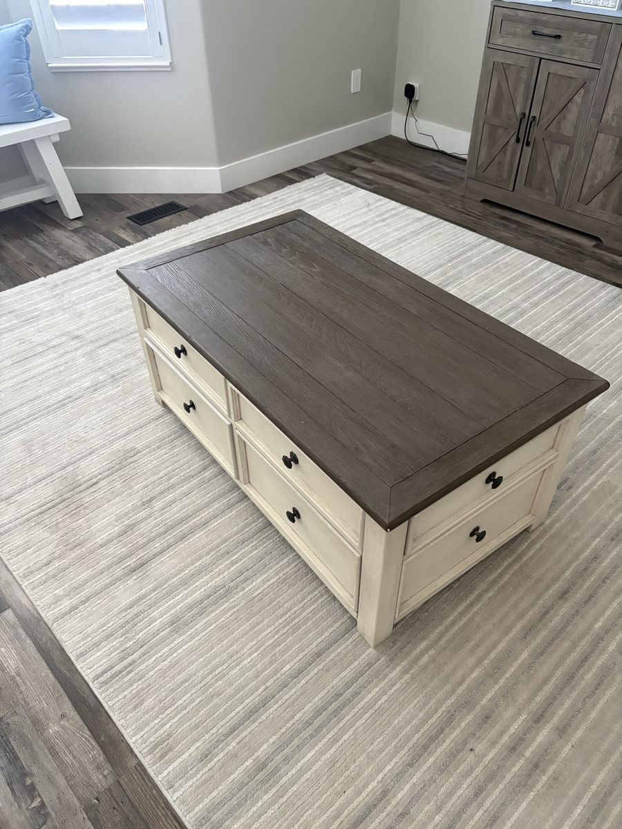 Rustic Two-Tone Lift-Top Coffee Table with Storage Drawers