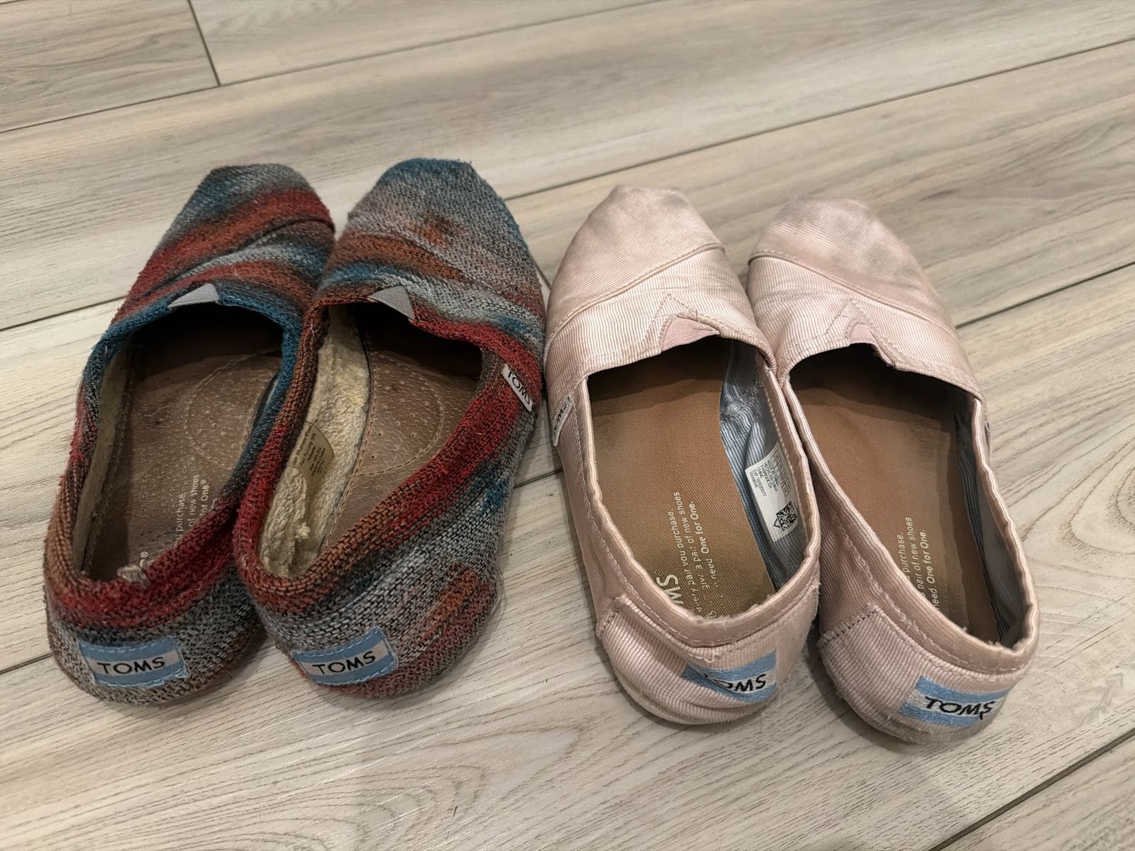 TOMS Slip-On Shoes - Two Pairs: Multi-Color Woven & Pink Canvas, Women's Size 7