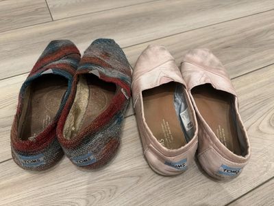 TOMS Slip-On Shoes - Two Pairs: Multi-Color Woven & Pink Canvas, Women's Size 7