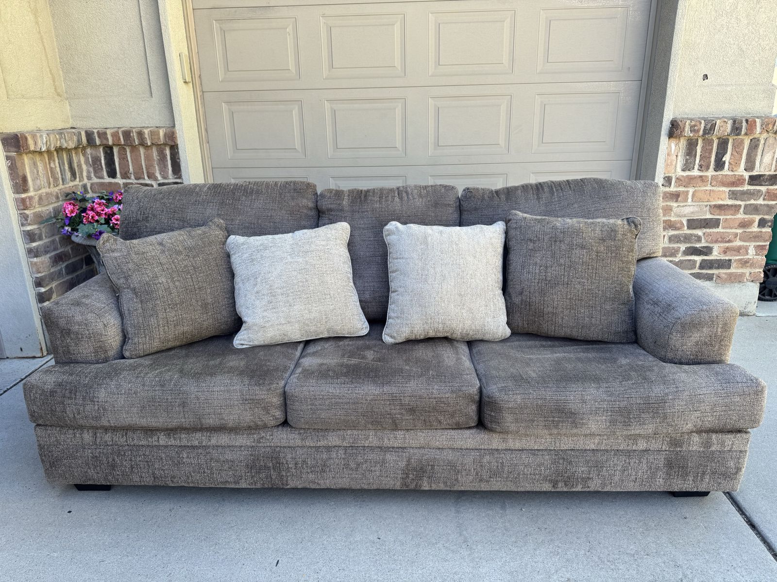 Comfortable Brown/Taupe Fabric Sofa Couch with Accent Pillows Used