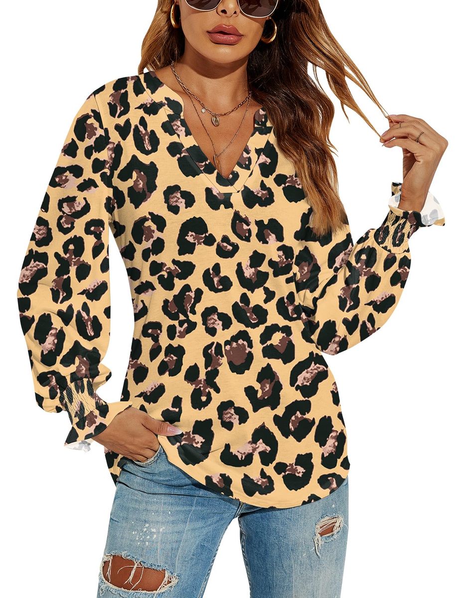 Leopard Print V-Neck Long Sleeve Blouse for Women - Casual Top with Ruffled Cuffs, Size Medium