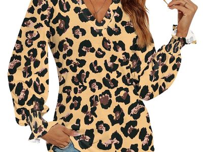 Leopard Print V-Neck Long Sleeve Blouse for Women - Casual Top with Ruffled Cuffs, Size Medium