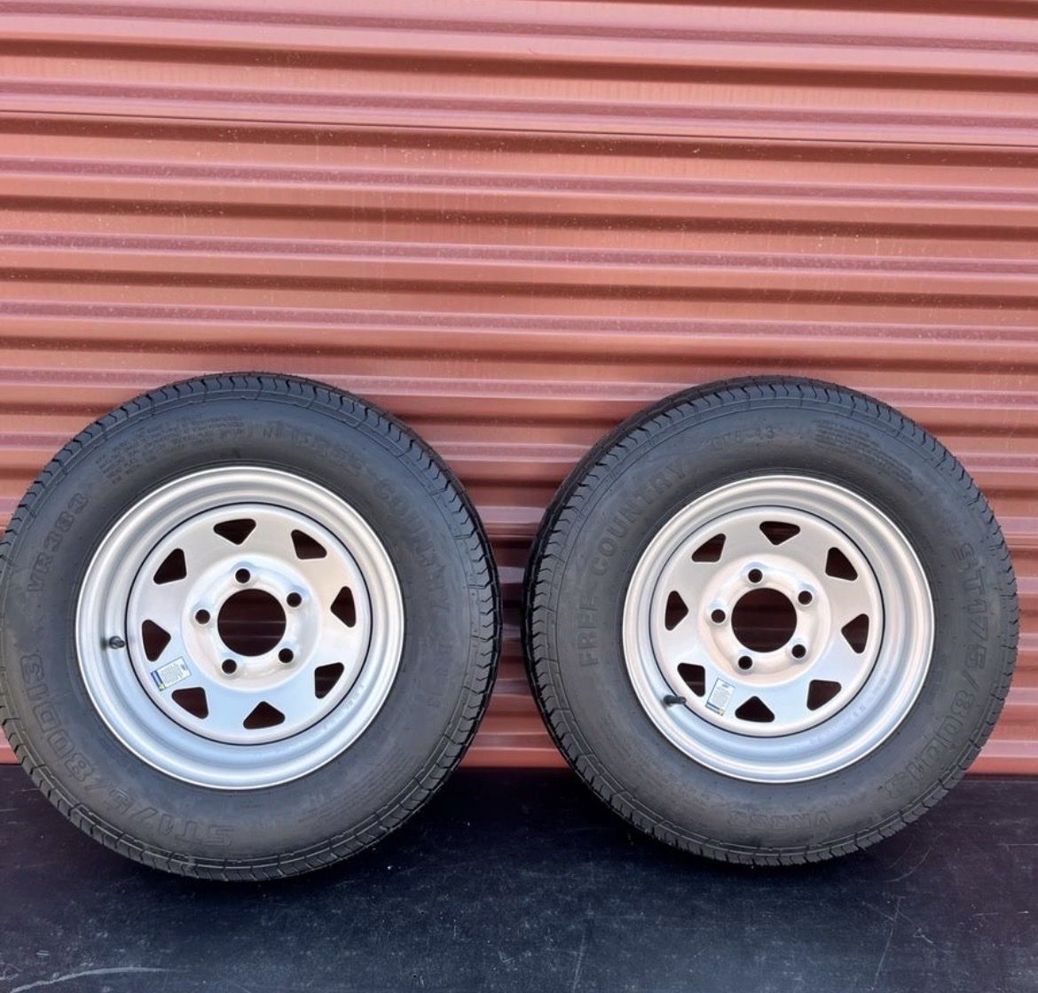 Set of 2 ST Free Country ST 175/80 D 13 Trailer Tires Mounted on New Silver Wheels Brand New Never Used