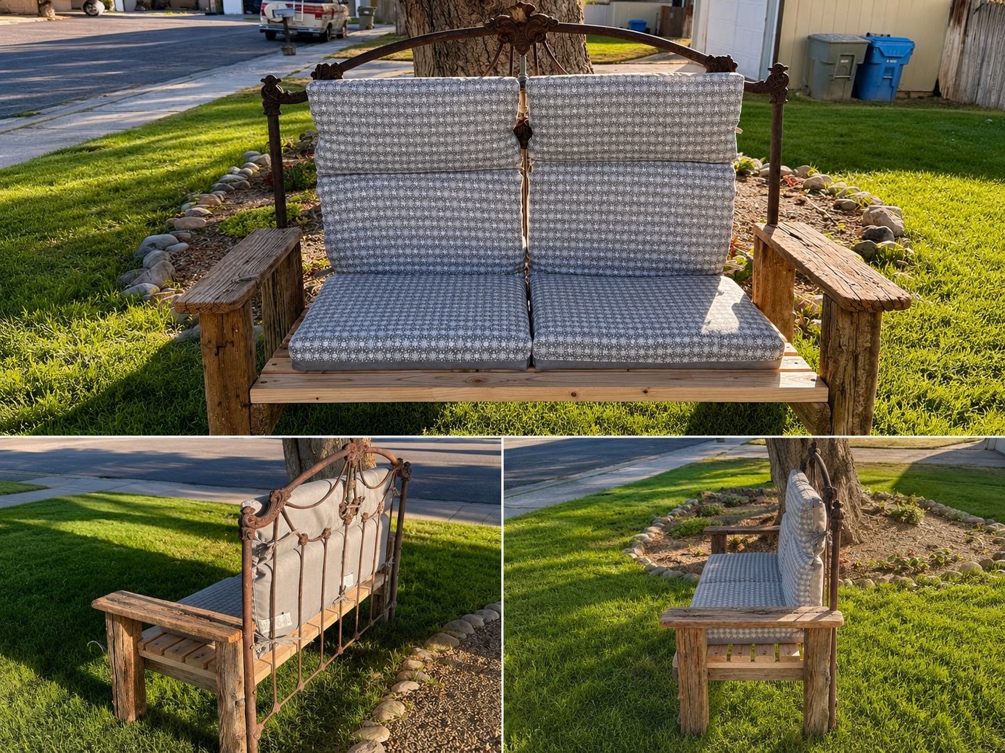 Handmade Rustic Garden Bench - Vintage Metal Bed Frame & Reclaimed Wood Outdoor Seating