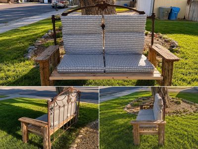 Handmade Rustic Garden Bench - Vintage Metal Bed Frame & Reclaimed Wood Outdoor Seating