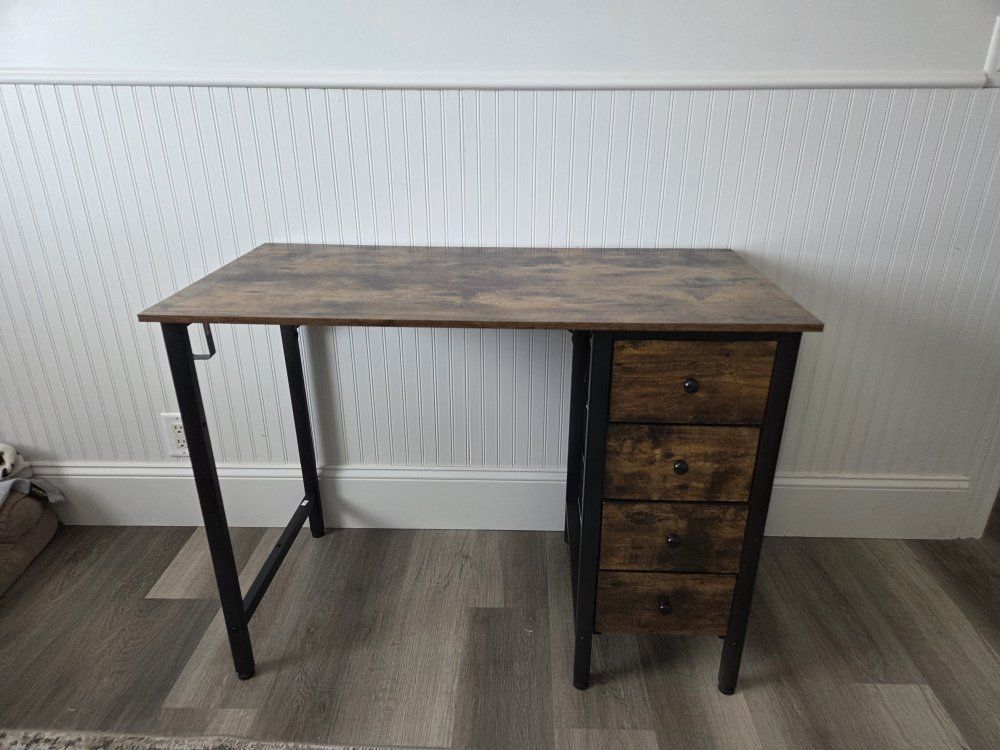 New! Computer Desk with 4 Drawers - Rustic Brown and Black Wood Grain
