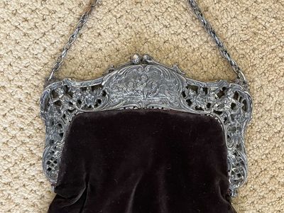 Large Ornate Antique Victorian Dark Brown Velvet Purse/Handbag with Cherubs
