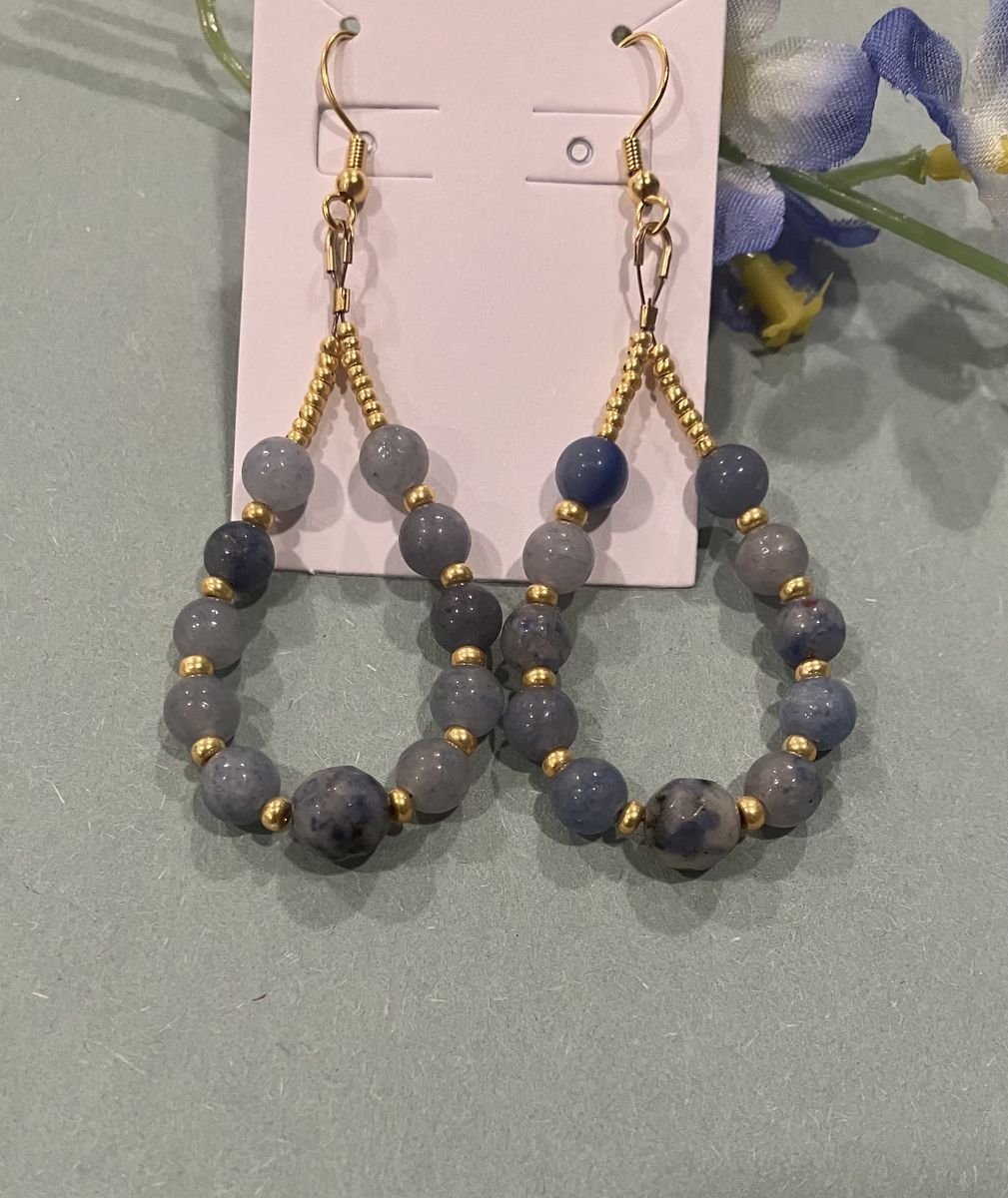 Beaded Blue Agate & Sodalite Gemstone Tear Drop Dangle Earrings