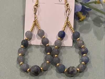 Beaded Blue Agate & Sodalite Gemstone Tear Drop Dangle Earrings