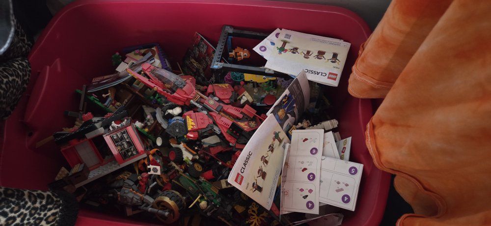 Assorted LEGO Lot with Instruction Manuals in Storage Bin
