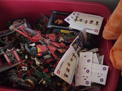 Assorted LEGO Lot with Instruction Manuals in Storage Bin