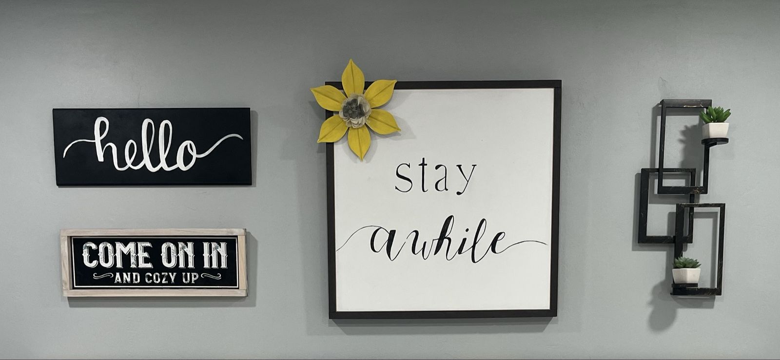Decorative Wall Art Set - "Hello", "Come on In", "Stay Awhile" Signs & Yellow Flower Accent