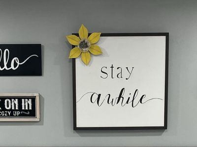Decorative Wall Art Set - "Hello", "Come on In", "Stay Awhile" Signs & Yellow Flower Accent