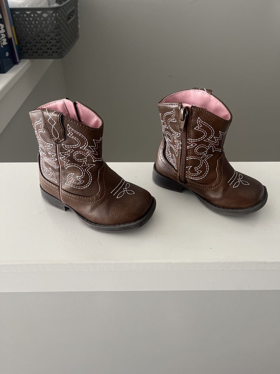 Cute Toddler Girls Brown Pink Embroidered Western Cowgirl Boots with Zipper Closure size 6