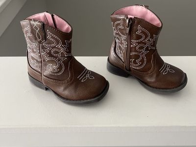 Cute Toddler Girls Brown Pink Embroidered Western Cowgirl Boots with Zipper Closure size 6