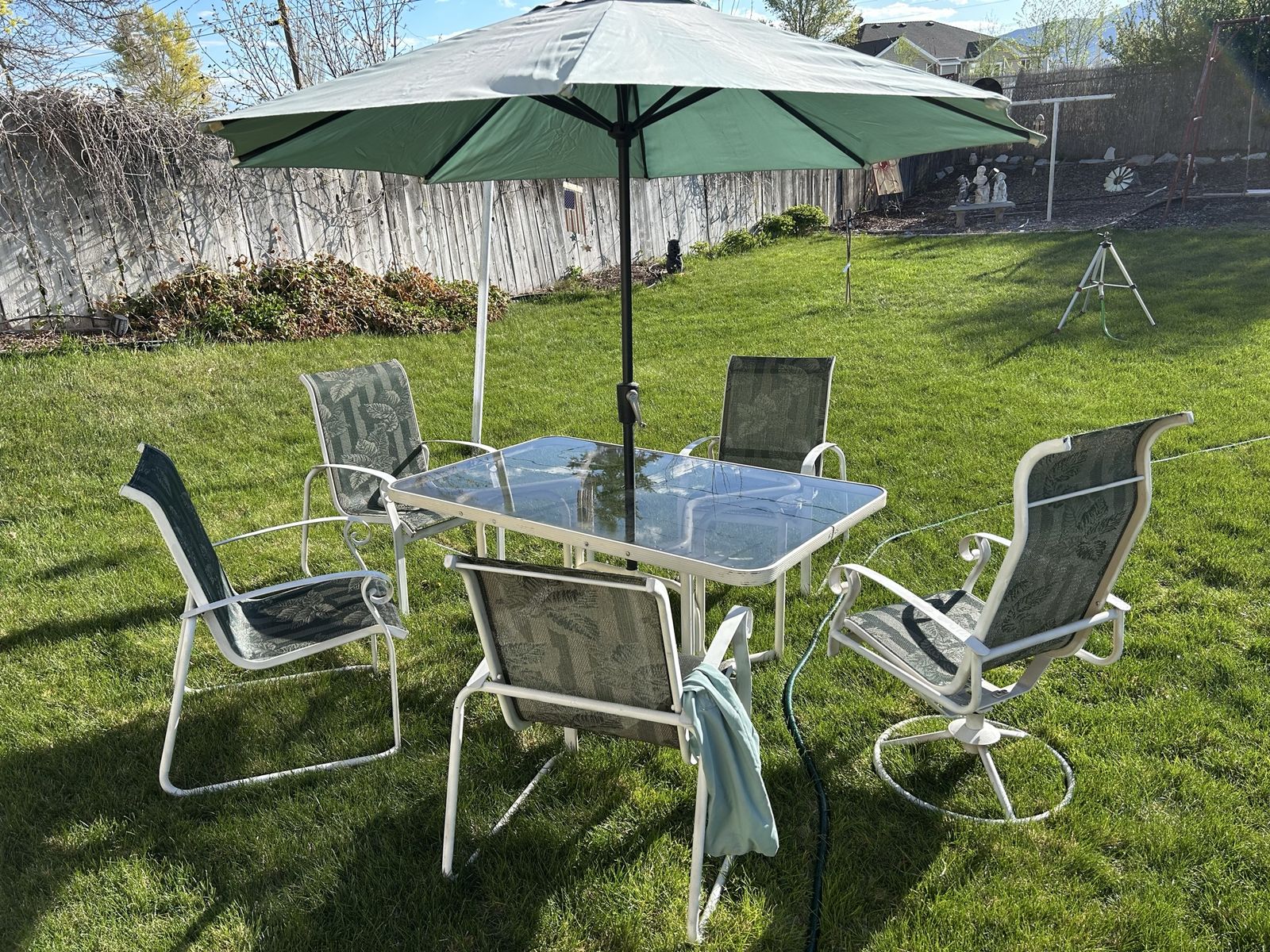 Metal Patio Set W Glass Table, 5 Chairs & Umbrella