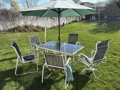 Metal Patio Set W Glass Table, 5 Chairs & Umbrella