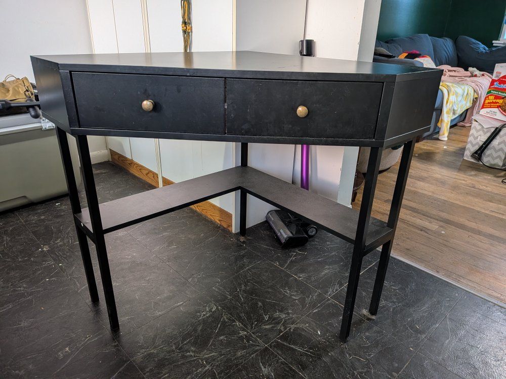 Black Corner Desk with 2 Drawers and Lower Shelf