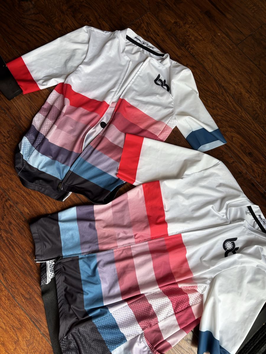 Unbranded Cycling Jersey Set White Red Blue Stripes Men's XL, Women's M Full Zip