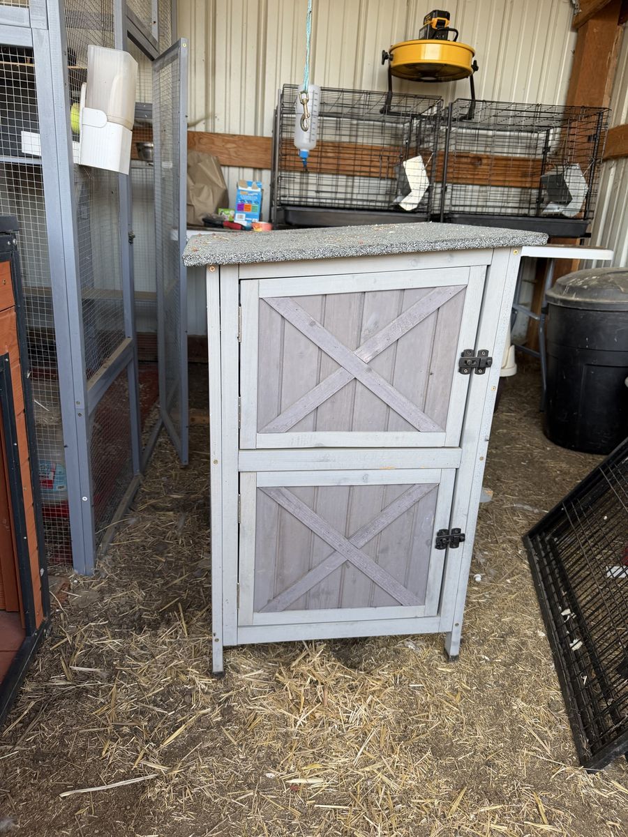 Two-Story Wooden Pet Hutch with Asphalt Roof and Front Doors