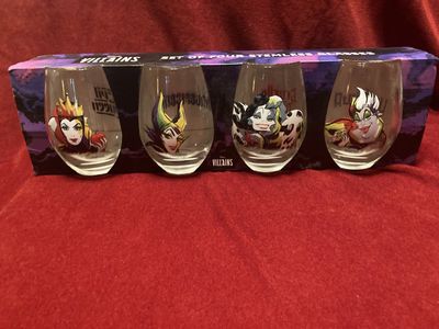 Disney Villains Set Of 4 Stemless Wine Glasses New