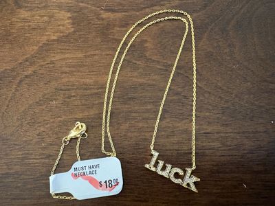 New Gold Tone Necklace w/ Rhinestone Luck