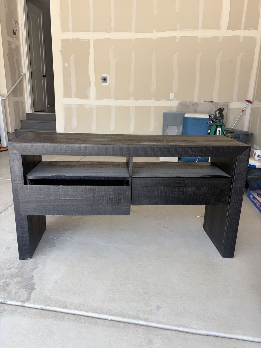 Modern Dark Wood Console Table with Drawers and Shelves