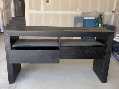 Modern Dark Wood Console Table with Drawers and Shelves