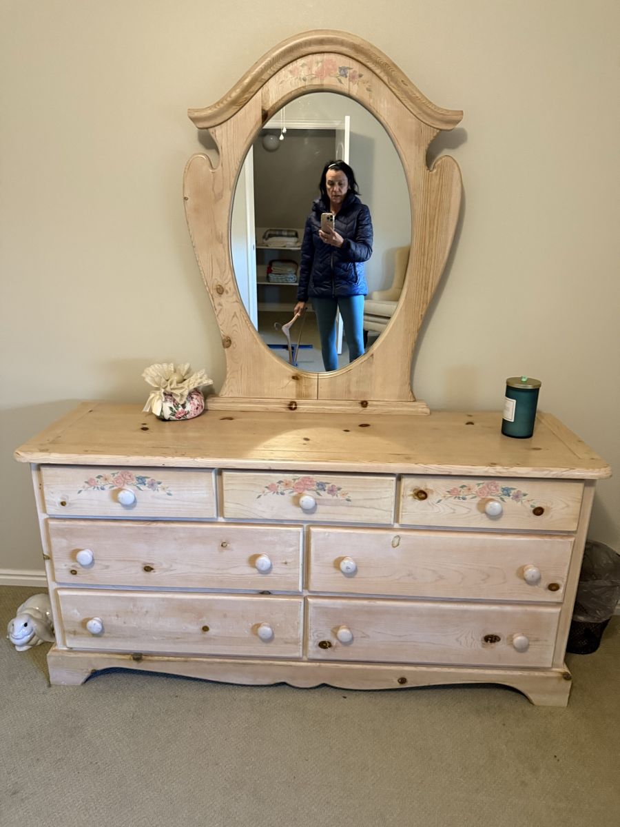 Wooden Dresser with Mirror & Headboard and Nightstand - Floral Accents