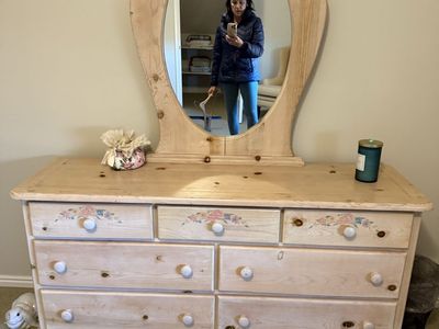 Wooden Dresser with Mirror & Headboard and Nightstand - Floral Accents