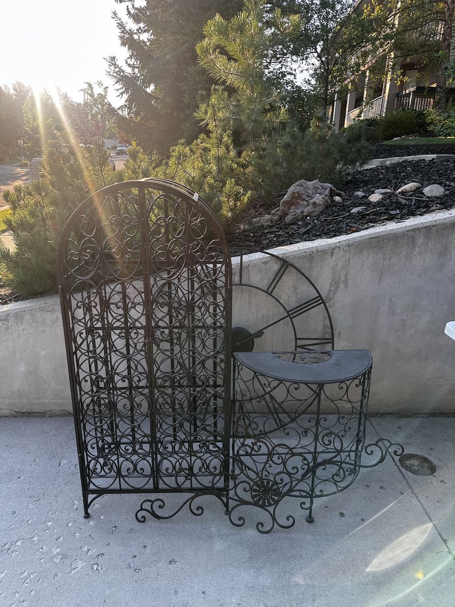 Ornate Wrought Iron Wine Rack & Half-Moon Console Table Set - Rustic Black Finish