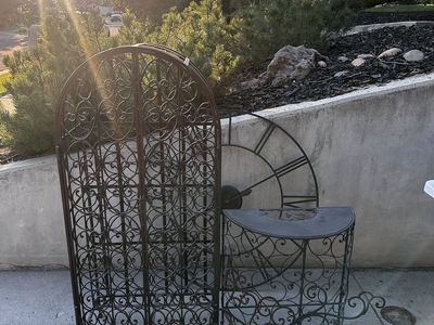 Ornate Wrought Iron Wine Rack & Half-Moon Console Table Set - Rustic Black Finish