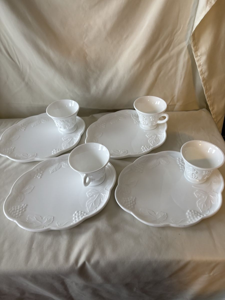 Vintage Milk Glass Snack Sets - 4 Plates and 4 Cups with Grape and Leaf Relief