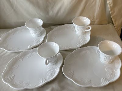 Vintage Milk Glass Snack Sets - 4 Plates and 4 Cups with Grape and Leaf Relief