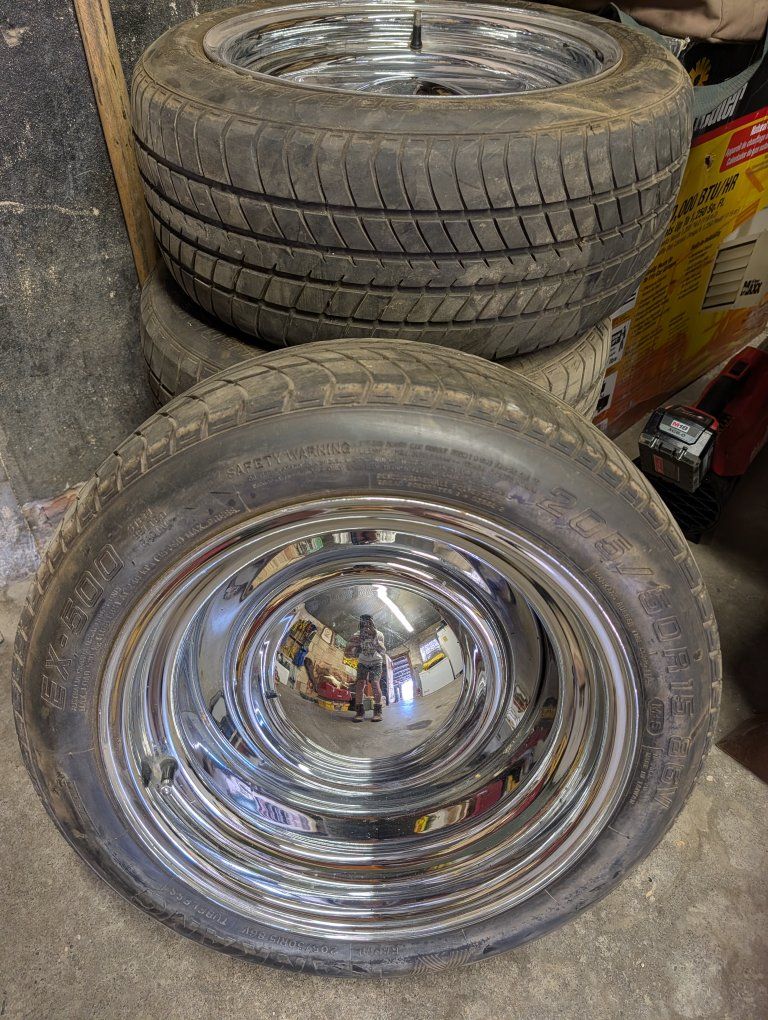 Custom Chrome Wheels with Tires - Set of 4, Size 205/65/R15, Excellent Condition